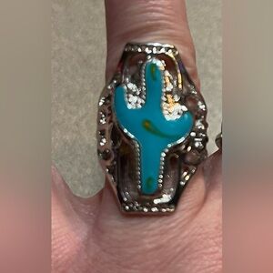 Silver Ring with Turquoise Cactus Design